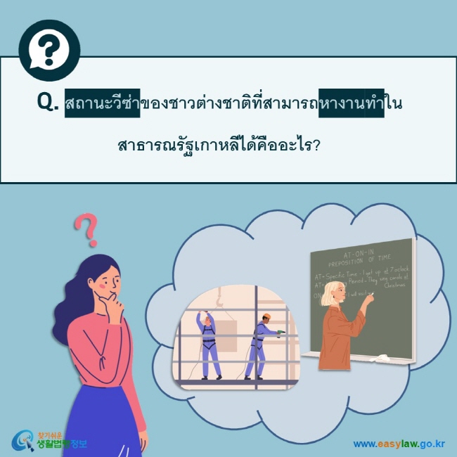 Q. สถานะวีซ่าของชาวต่างชาติที่สามารถหางานทำในสาธารณรัฐเกาหลีได้คืออะไร?  